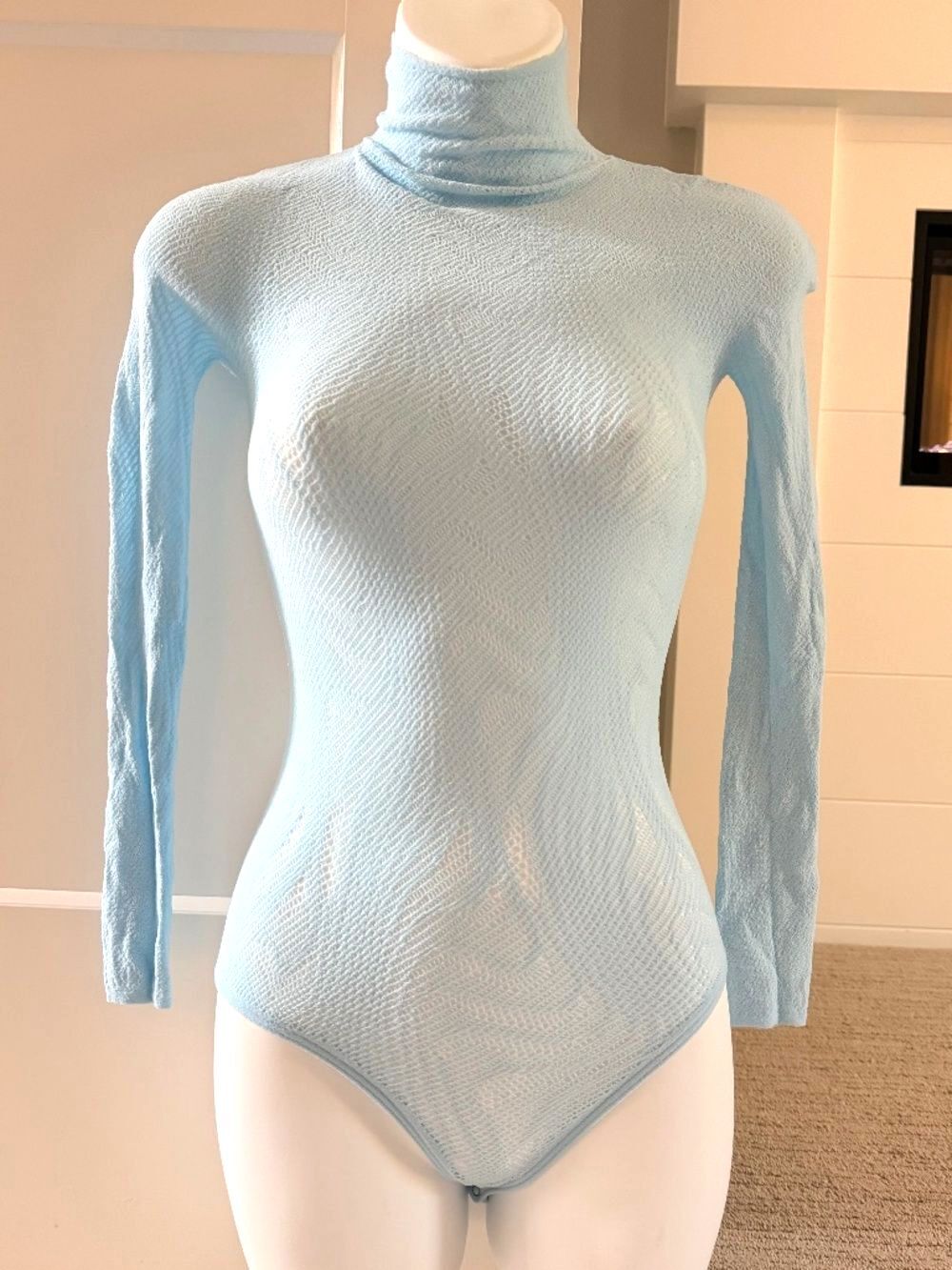 WOLFORD Stunning Aqua Blue Open Knit Bodysuit Sz M NWT $400!!
